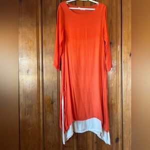 Casual Orange and Cream Dress with Long Dolman Sleeves and Bateau Neckline